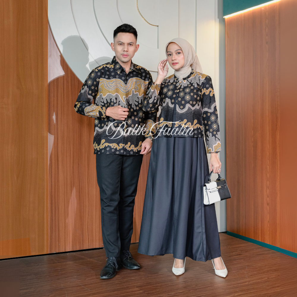 BATIK FAATIN | Set Gamis Couple Batik Katun Outer Polos Toyobo Premium Modern Wear