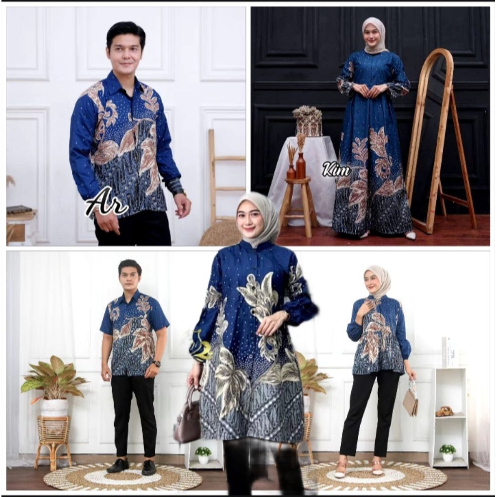 BAJU BATIK COUPLE PASANGAN PRIA WANITA DEWASA MOTIF MUTIARA WARNA BIRU SIZE M L XL XXL