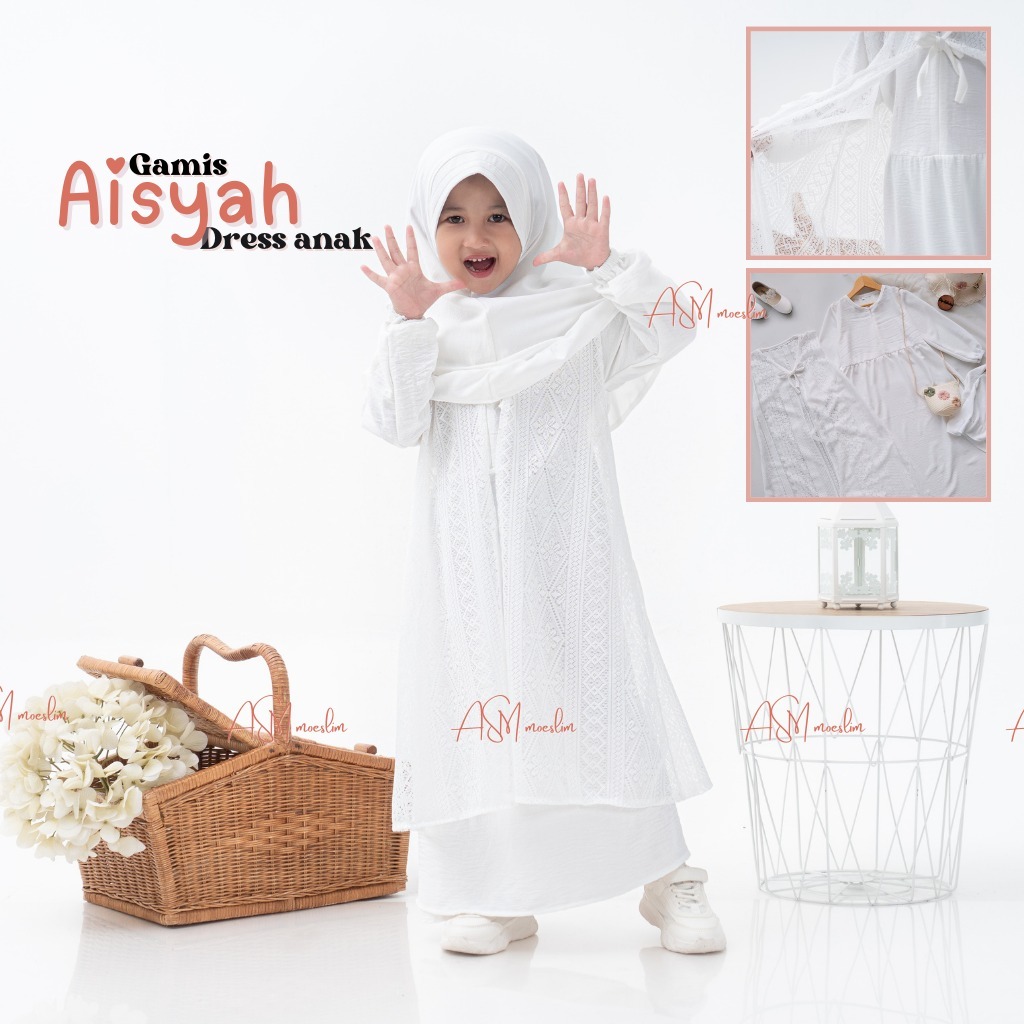 Gamis putih brokat model terbaru free hijab untuk anak usia 4-12 tahun bahan air flow premium