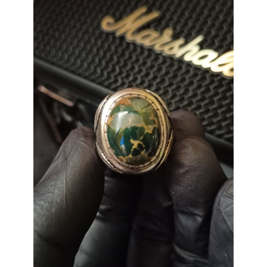 Cincin Batu Pirus Hijau Tua Persia Natural – Perak Asli