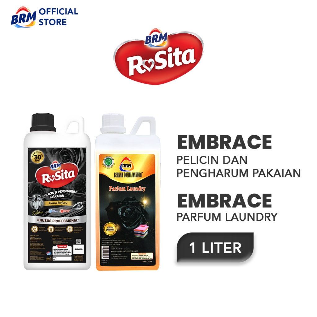 BRM Rosita Pelicin & Pewangi Pakaian Setrika Laundry 1 Liter Embrace + BRM Parfum Laundry 1 Liter Em