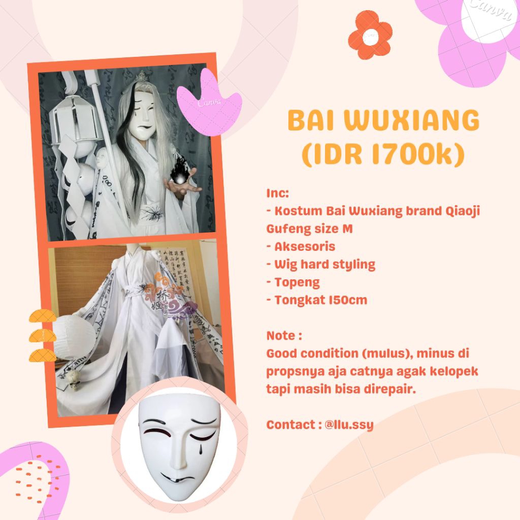 WTS Cosplay Bai Wuxiang Heaven Official's Blessing White No Face TGCF Costume Wig Props Fullset Prel
