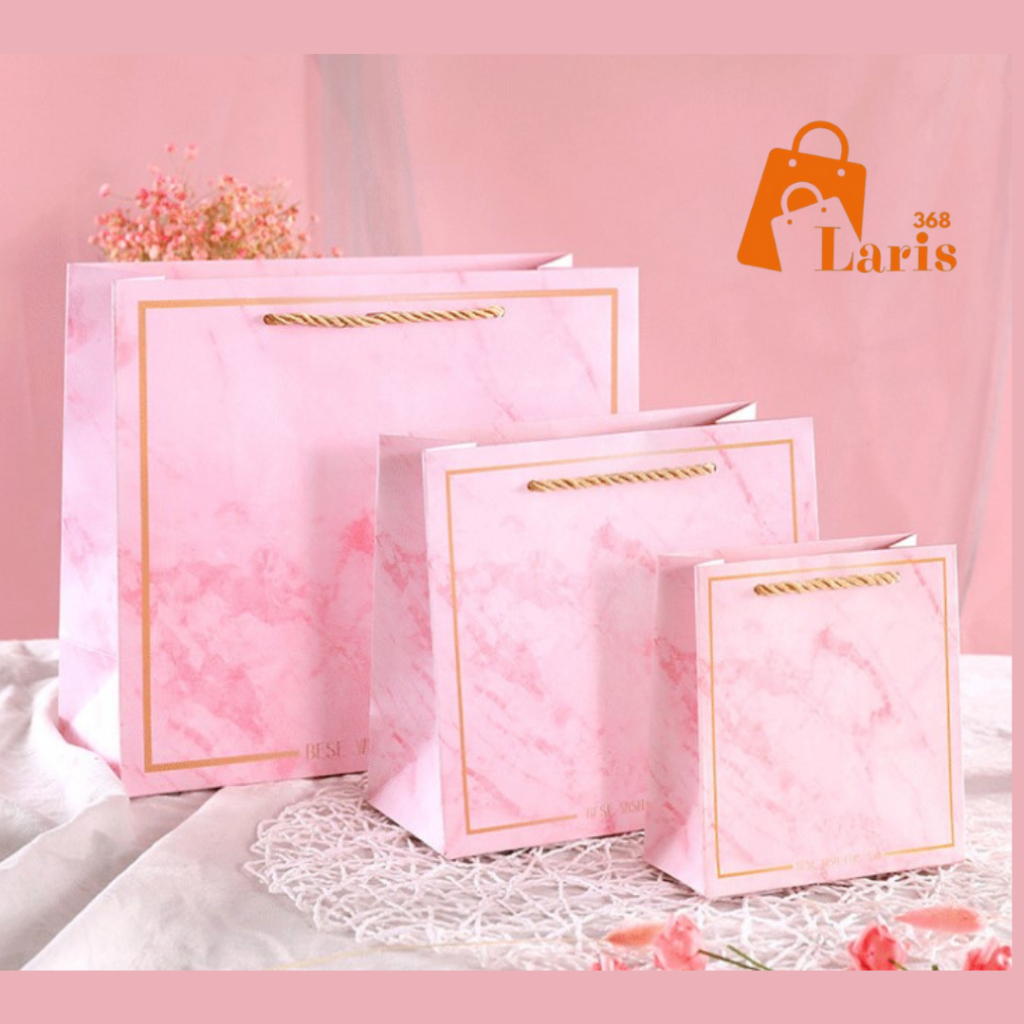 

Laris368 Paperbag Paper Bag Tas Hadiah Karton Cantik Giftbag Import Premium Marble Hitam Dan Pink