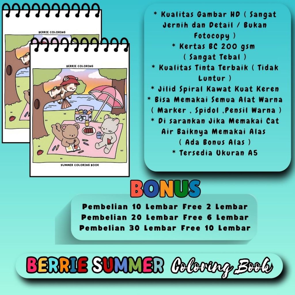 

BERRIE SUMMER Coloring Book Buku Mewarnai Untuk Anak SD Remaja Dewasa Gambar Jernih Jelas HD Kertas 200 gsm Sangat Tebal