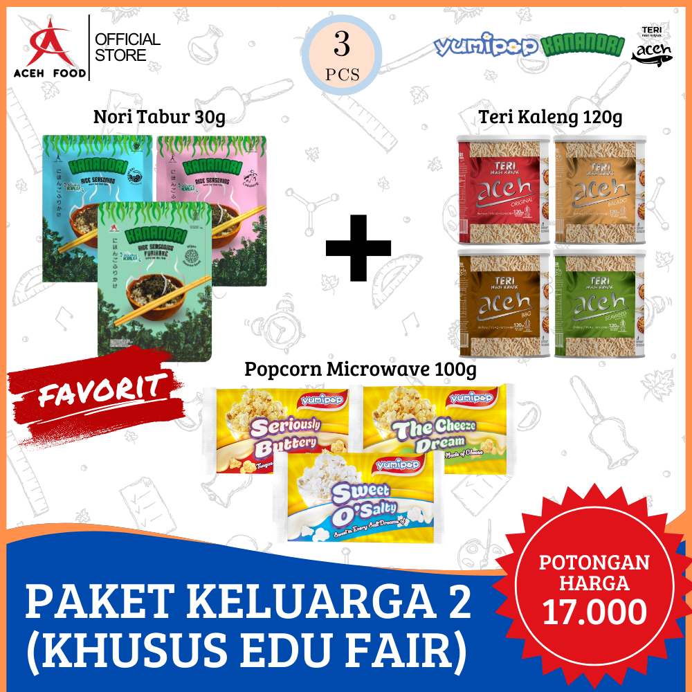 

(FAVORIT) PAKET KELUARGA 2 (KHUSUS EDU FAIR) - POTONGAN HARGA 17.000 - 1 PCS Kananori Furikake 30gr, 1 PCS Teri Aceh Kemasan Kaleng 120gr, & 1 PCS Yumipop Popcorn Microwave 100gr - Aceh Food