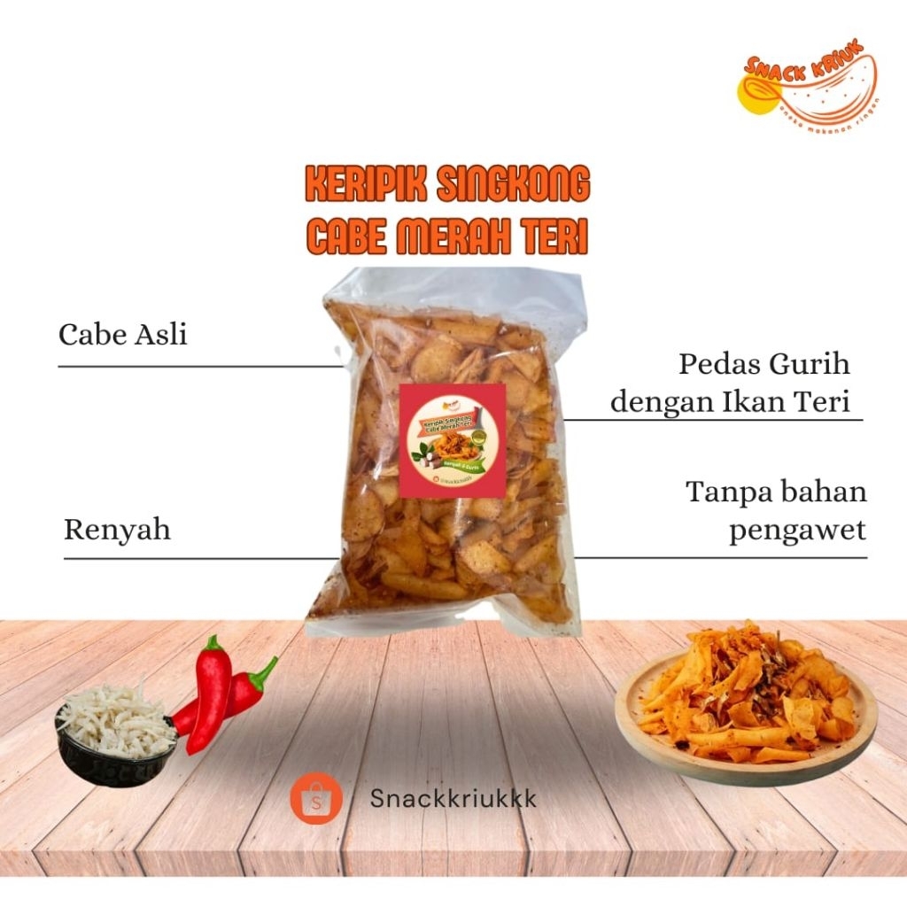 

Keripik Singkong Cabe Merah Teri 250 gr - Pedas, Renyah, Asin Gurih