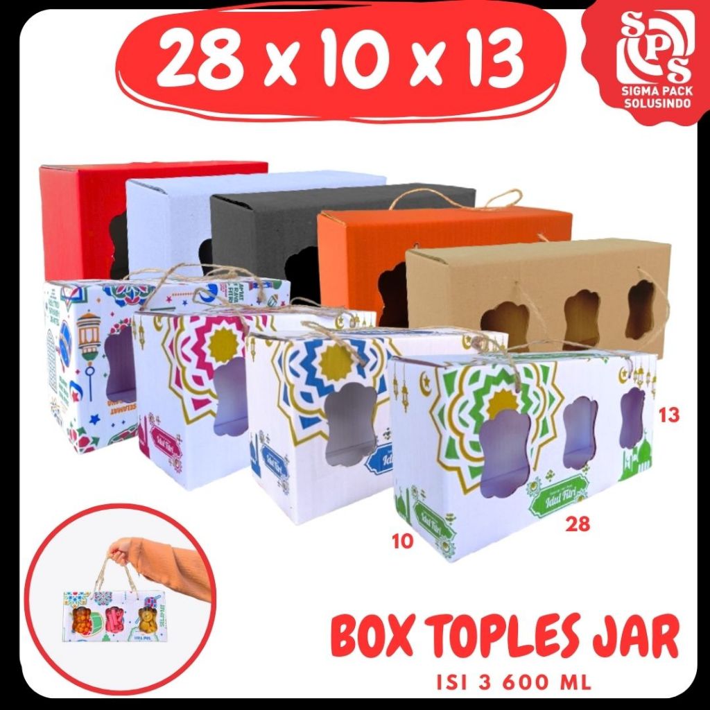 

Box kuker 28x10x13 Jinjing Tali (KUKER TOPLES JAR 600ml Isi 3) Kardus Kue Kering / Idul Fitri /Hampers / Lebaran / Gable Box Polos/Motif