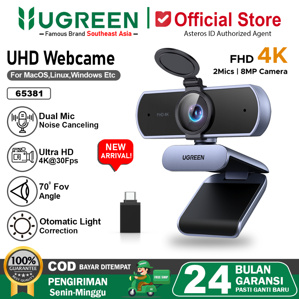 Ugreen Webcam Sensor Auto Focus Dual AI Noise-Cancelling - Ultra-HD 4K Resolution 65381