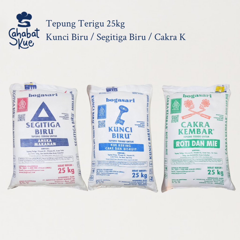 

Tepung Terigu Kunci Biru 25kg / Segitiga Biru 25kg / Cakra Kembar 25kg (1 Sak)