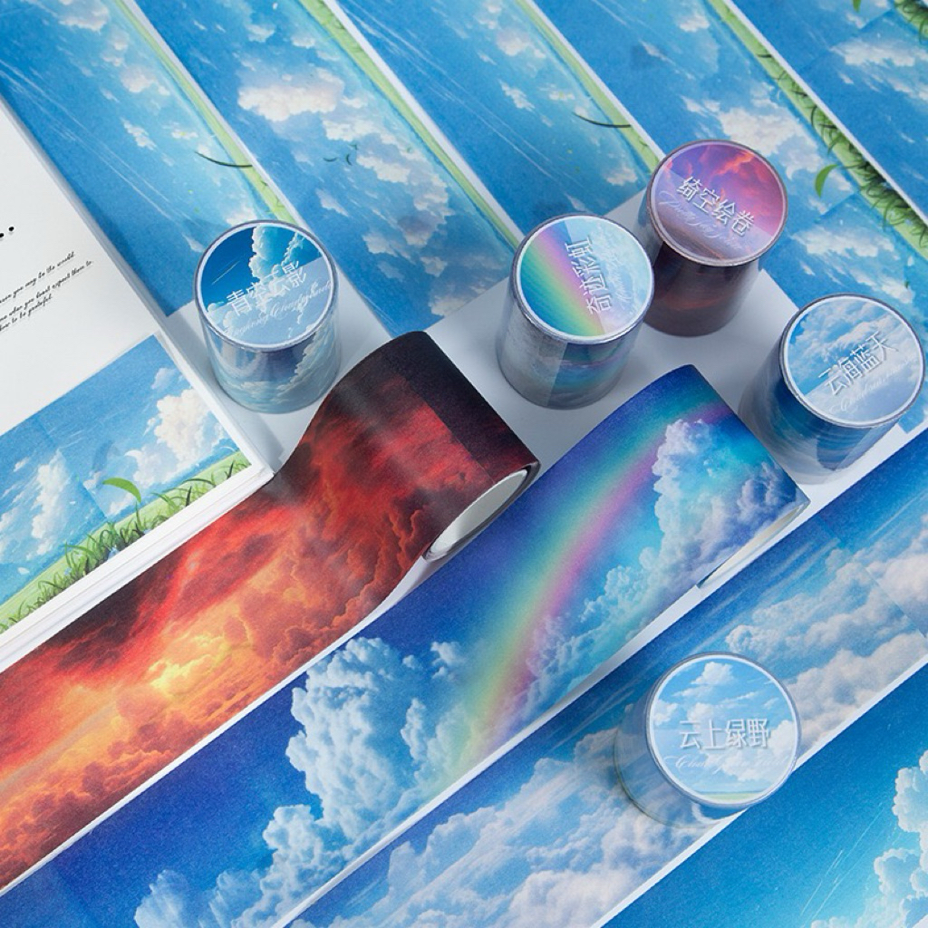 

(1BC) washi tape selotip paper full background deco langit biru awan putih blue sky cloud