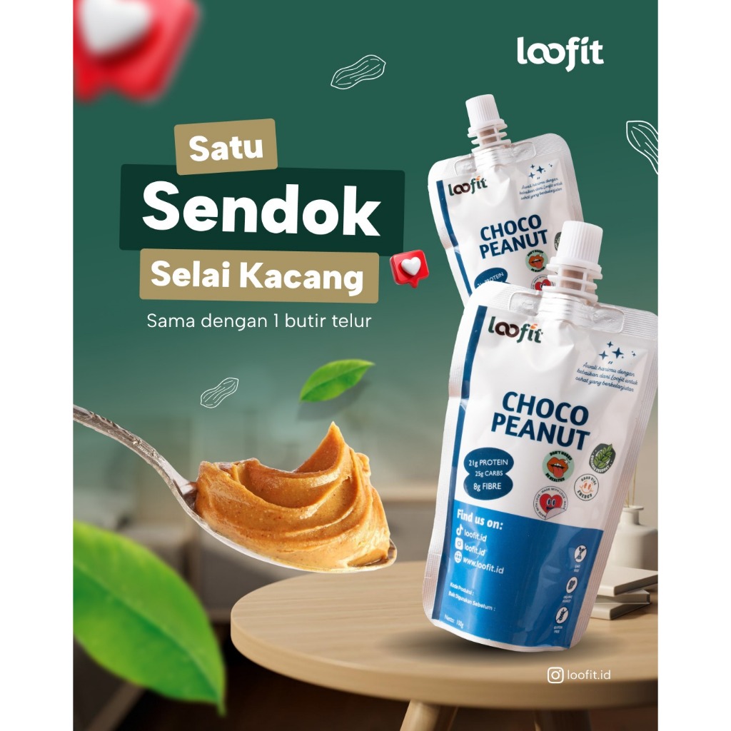 

Loofit Peanut Butter / Selai Kacang Choco Peanut Pouch 100g Tanpa Gula Tambahan Lembut & Organik