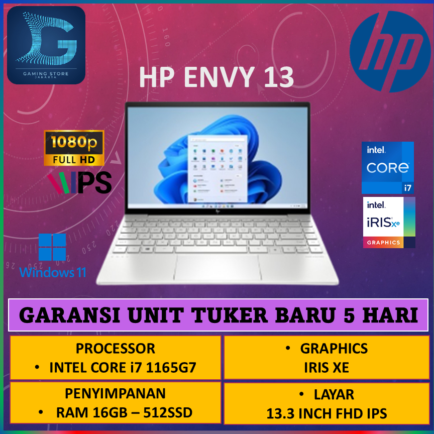 HP ENVY 13 intel core I7 1165G7 16GB 512GB Ssd  Windows 11 13.3Full HD IPS