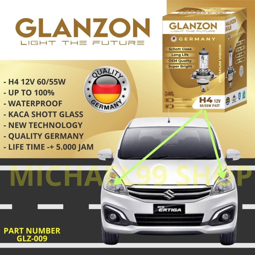 LAMPU HALOGEN MOBIL SUZUKI ERTIGA H4 12V GLANZON GERMANY ORIGINAL OEM - LAMPU HEADLAMP ERTIGA - GARA