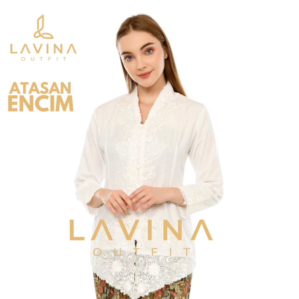 Lavina - Kebaya Encim Bordir Modern Batik Tradisional Betawi Broken White Putih Tulang Lengan Panjan