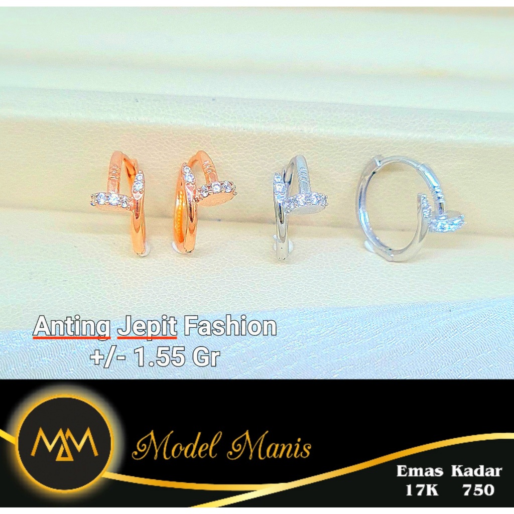 Model Manis Gold - Anting Jepit Paku Bulat Putih Rosegold - Emas 17k 750