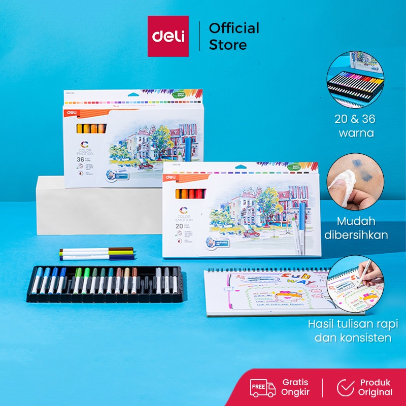 

Deli Washable Felt Pen / Color Marker / Spidol Warna Anak Warna Lengkap Mudah Dicuci EC163-20 & EC162-36