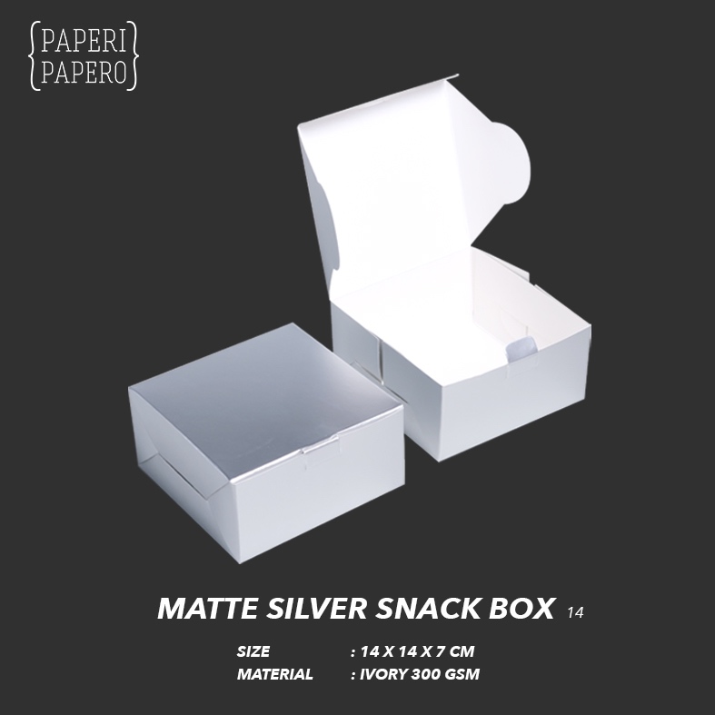 

Matte Silver Snack Box (14 x 14 x 7 cm) - Kotak Packaging Kue Perak Doff Premium Hampers Souvenir