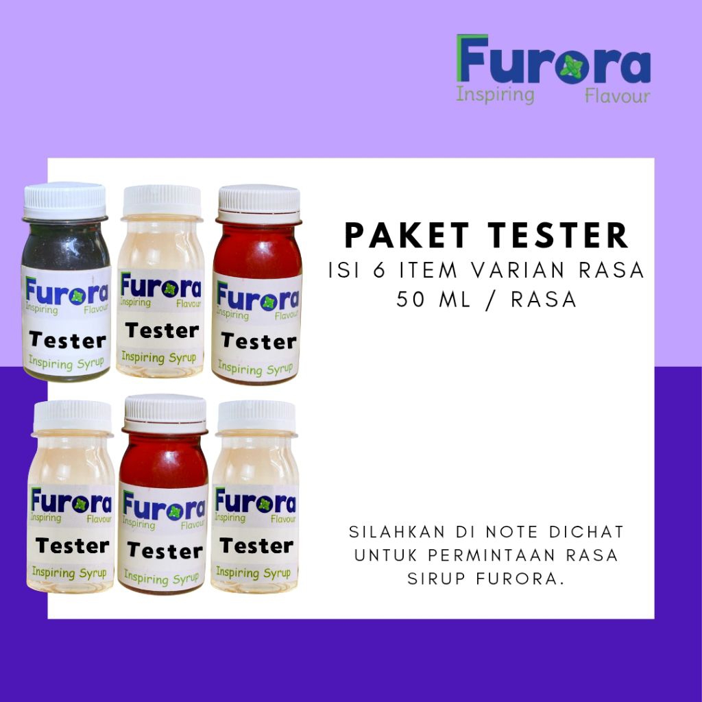 

Paket Repack Tester Syrup 50 ml isi 6 botol l Sirup Furora
