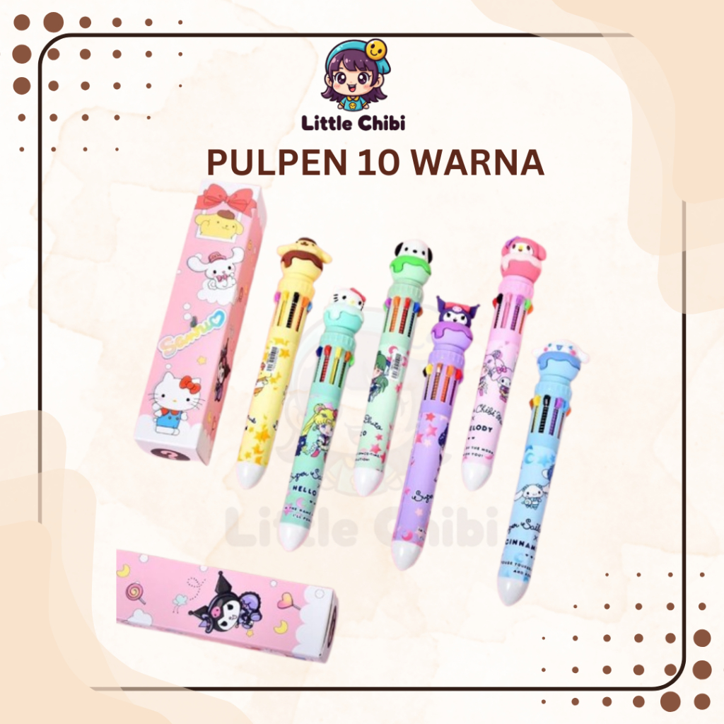 

[LITTLE CHIBI] Pulpen Karakter 10 Warna Kuromi My Melody Cinnamoroll Pompom Purih Alat Tulis Lucu