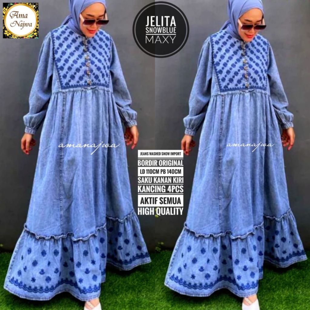 Gamis Jeans Wanita Super Jumbo LD 110 120 Big Size Dress Bordir Original Bahan Jeans Washed Snow Imp