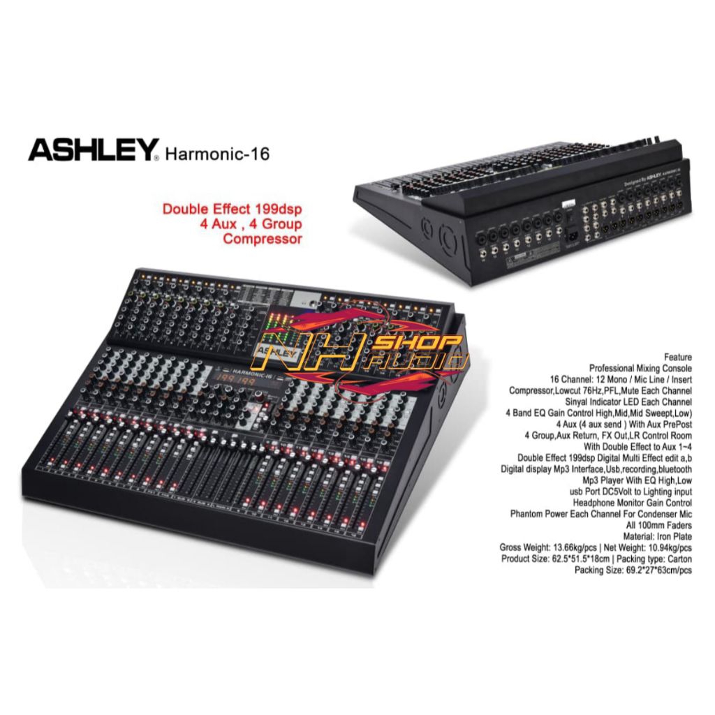 Mixer Ashley Harmonic 16 Double Effect 199DSP Edit A Edit B Fader Panjang 4 aux 4 Group Ush Bluetoot