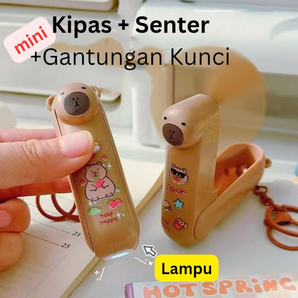 Kipas Angin 8.5cm Mini Kecil Turbo Capybara ada Senter bisa lipat Putar Layar Handy Mini Fan Turbo C