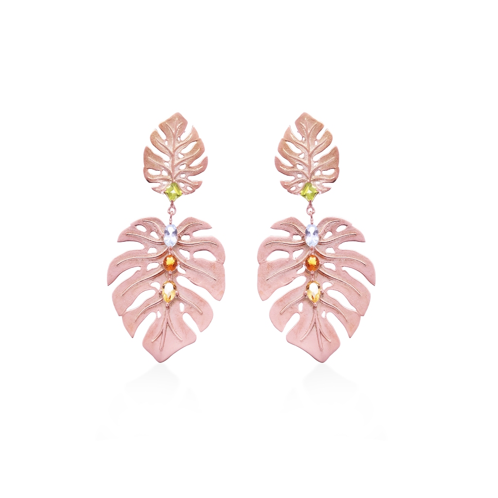 [Original Anting Perak 925]Anting Statment Perak 925 Monstera Rose Gold Plated