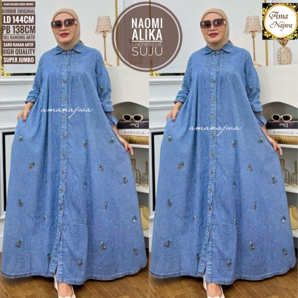 Gamis Jeans Wanita Bordir Import LD 144cm Baju Muslimah Oversize