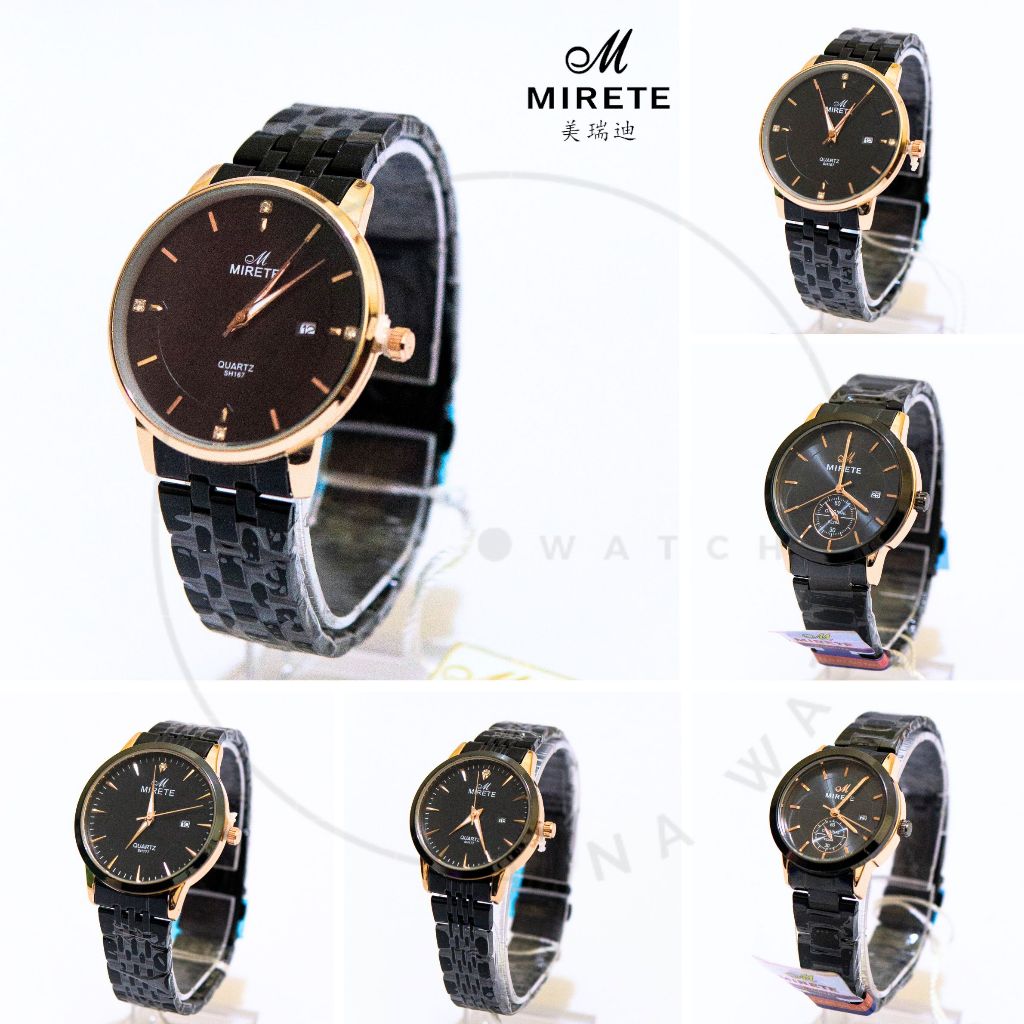 Jam Tangan MIRETE-RT19 Rantai Hitam Gold Jam Tanggal Stainless Steel Couple Plat Hitam Original