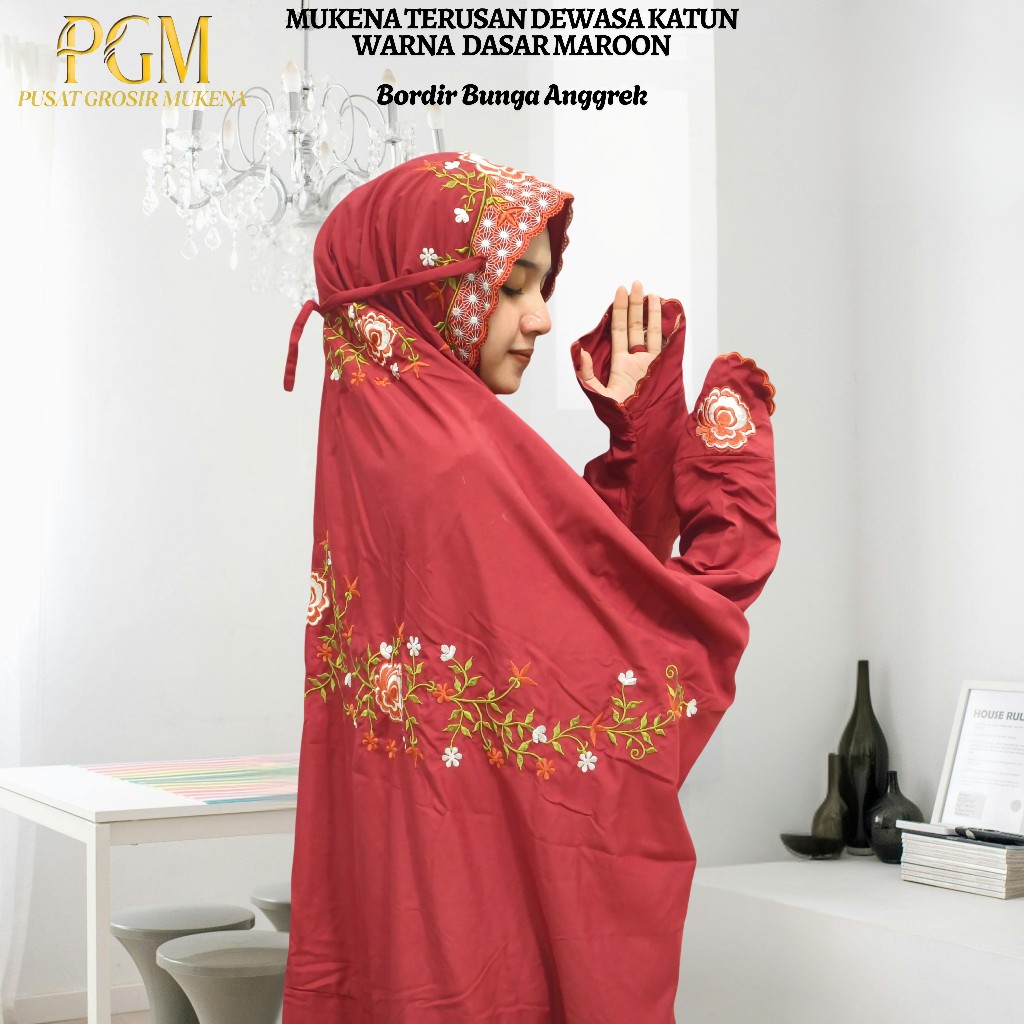 Mukena Terusan Dewasa Bahan Katun Polino Kain Dasar Warna Maroon Motif Bordir Bunga Anggrek