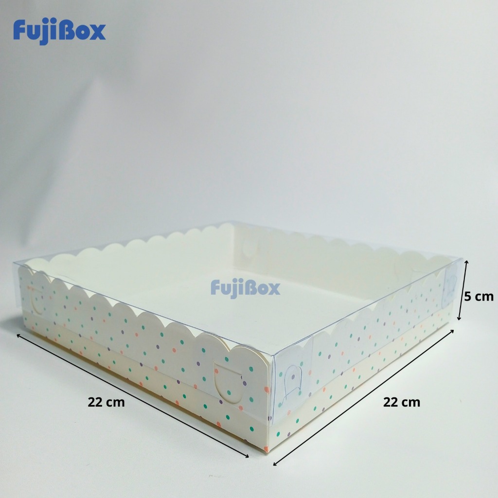 

( 10 Pcs ) Fuji Box Dus Kotak Kue Cake Brownies Pie Ivory Motif Polkadot Warna Warni Laminasi 22 cm x 22 cm x 5 cm Putih Ivory Premium Tutup Mika Full