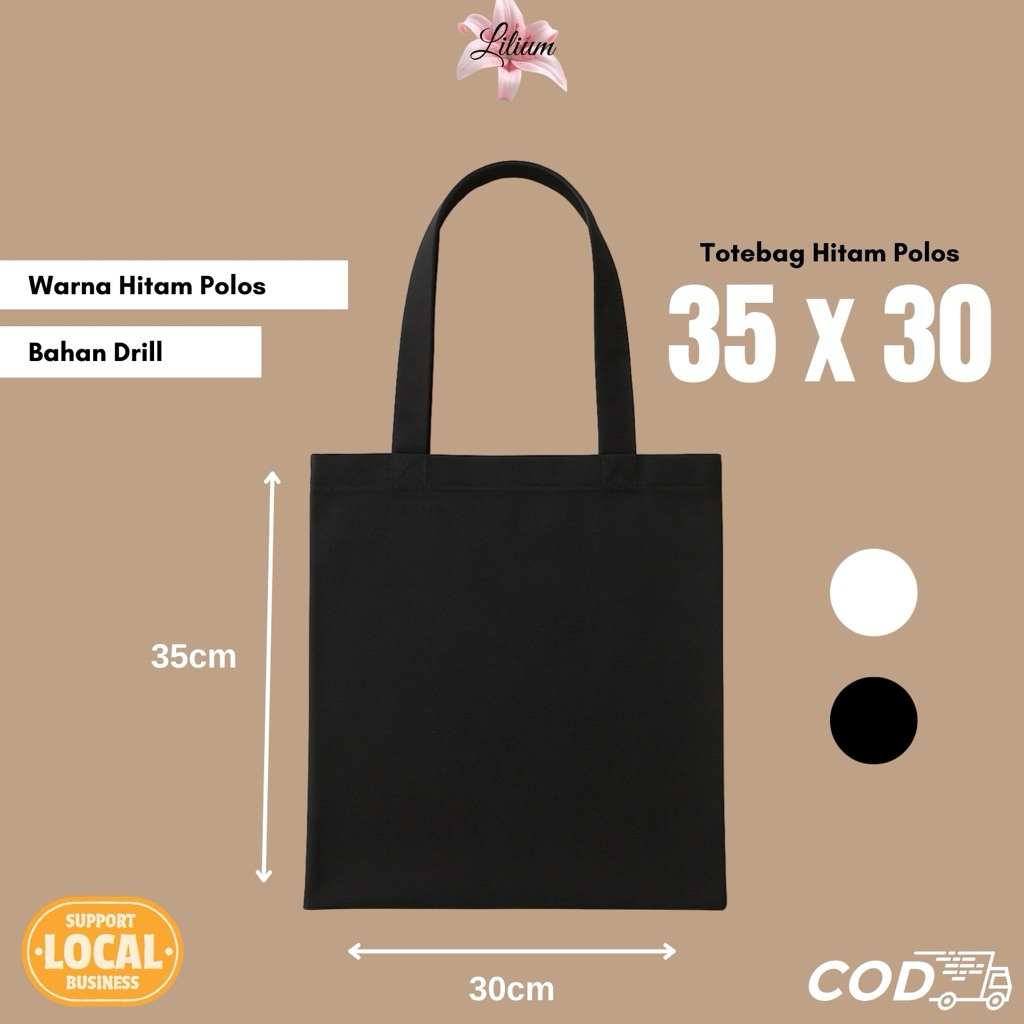 Totebag Hitam Polos 35 x 30 | Totebag Berbagai Ukuran | Totebag | Totebag Drill | Totebag Polos | To