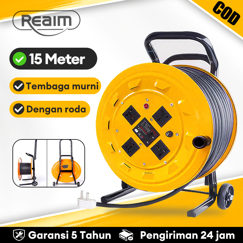 REAIM Kabel Roll 15 Meter Stop Kontak 4 Lubang Kabel Bok Colokan Listrik Premium Kabel Troli Kabel B