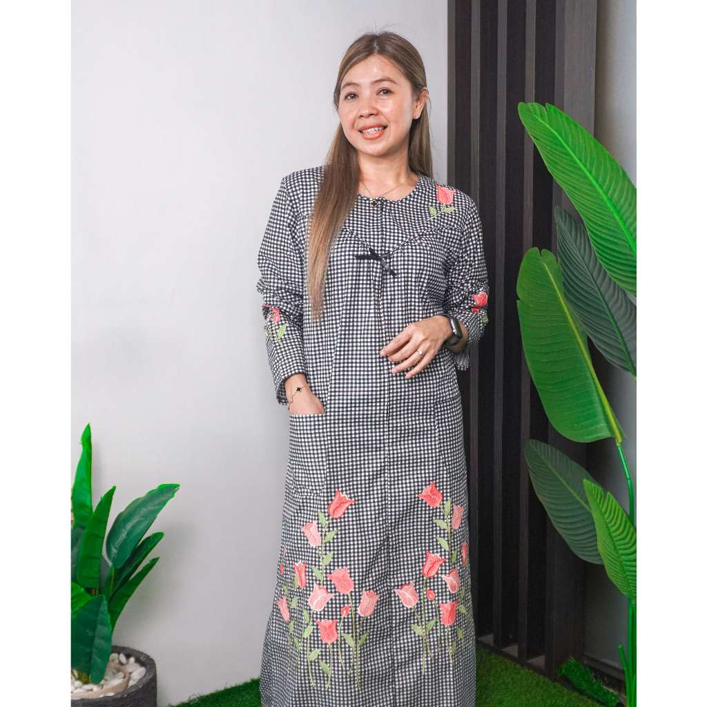 Longdress Bordir Bunga Kotak Khas Malang Katun Jepang Premium[ Gamis Wanita Busui ][ Dress Panjang ]