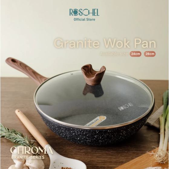 Roschel Chroma Granite Wok Pan 24 cm , 28 cm + Tutup Kaca Greblon C3 German Coating Wajan