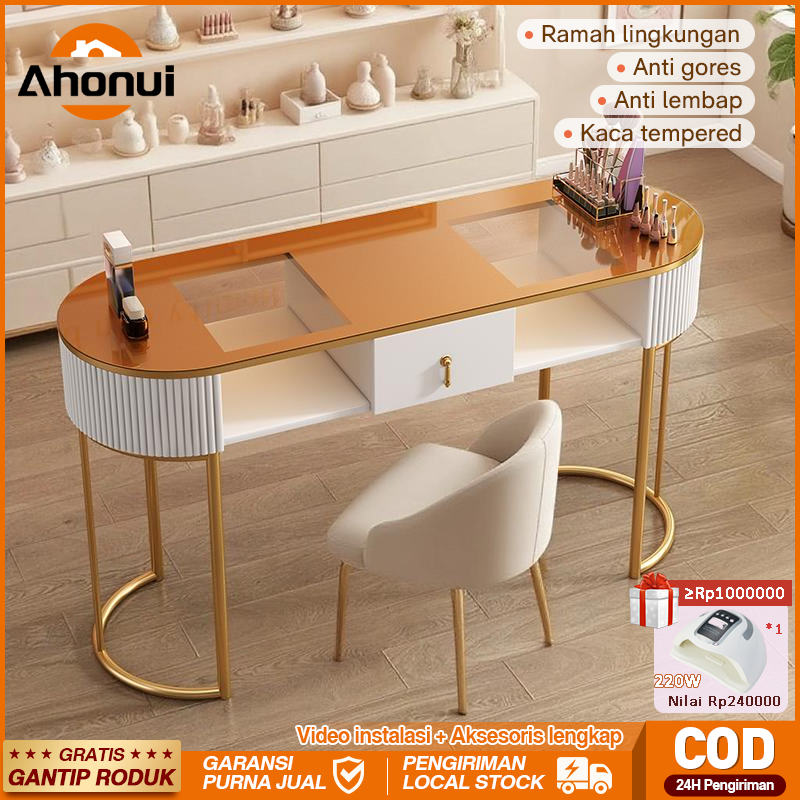 Meja Nail Art Kaca Tempered Mewah Salon Laci - Meja Kursi Seni Kuku Selebriti Internet Modis | Lampu