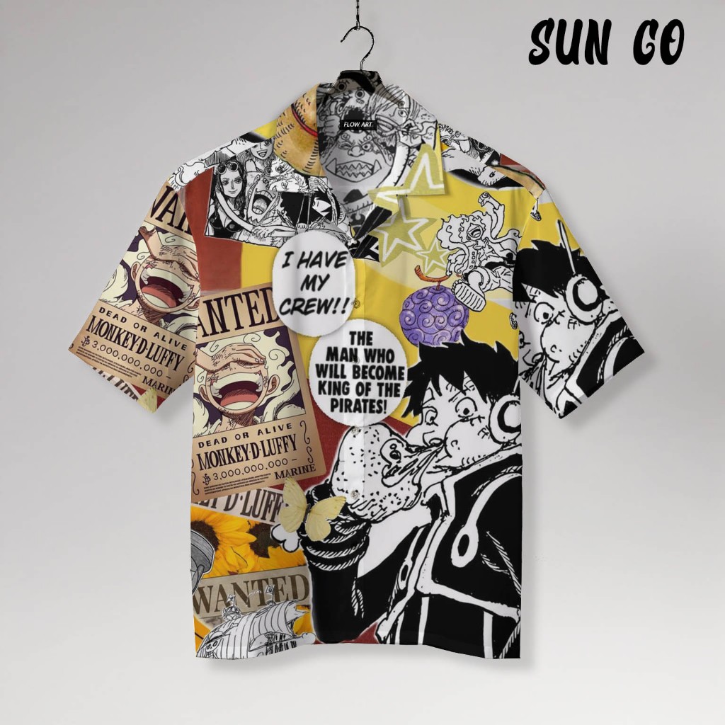 SUN CO Kemeja One Piece Wanted Poster - Baju Anime Luffy Lengan Pendek Pria Unisex | SG62