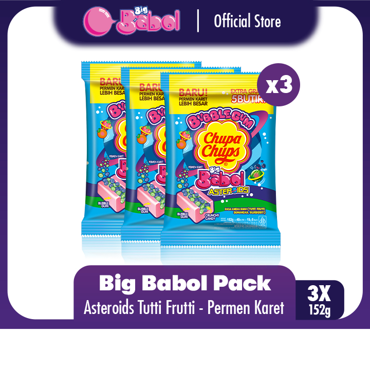 

Chupa Chups Big Babol Asteroids Crunchy 152g - Permen Karet Rasa Buah (Tutti Semangka Bluberi) (3 Packs)