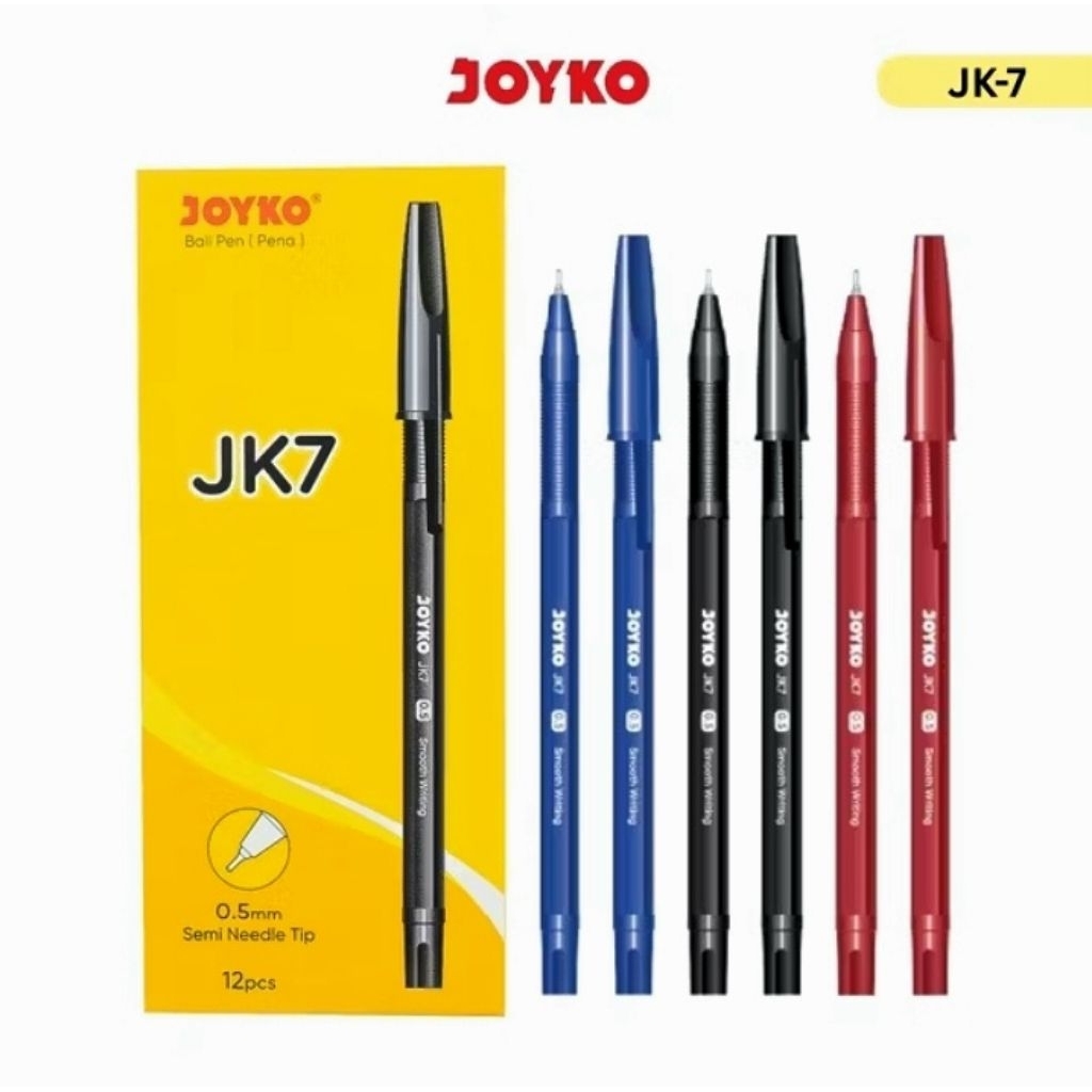 

1 Box 12 pcs Pena Joyko JK 7 warna Hitam Biru Merah 0.5 mm Pulpen Ball pen semi needle tip bukan Standard/ Standar