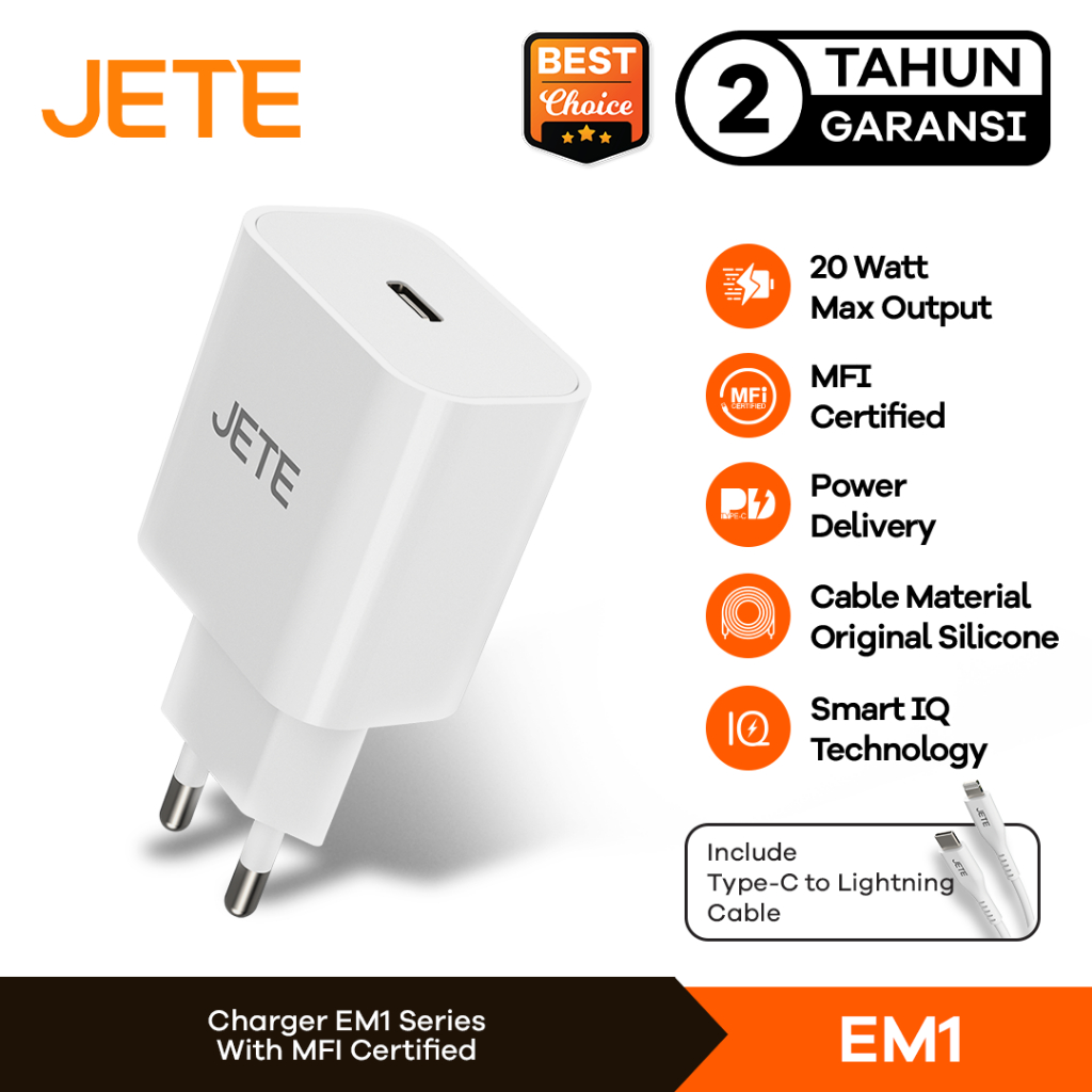 Charger MFI Iphone 20W Plus Cable Type C to Lightning JETE EM1 - Garansi 2 Tahun