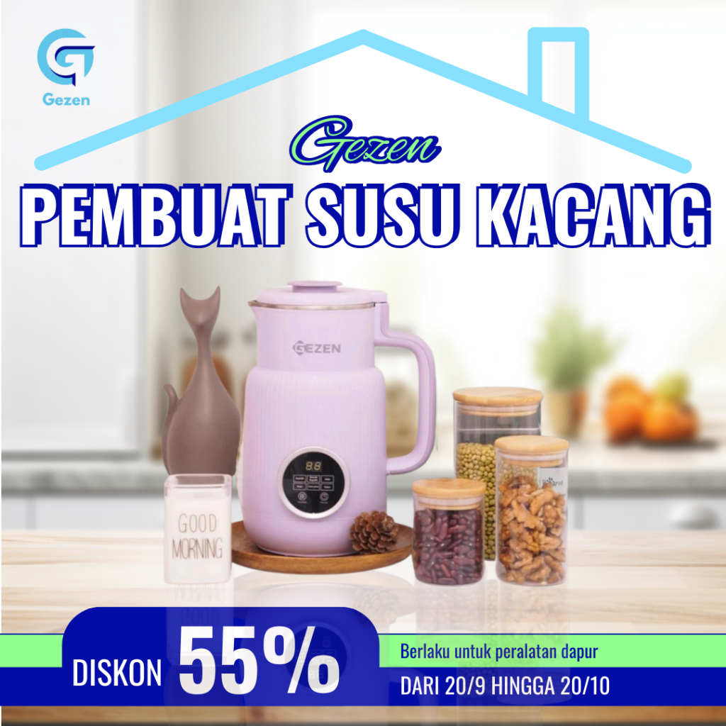 Mesin Pembuat Susu Kacang GEZEN Asli, Memiliki 5 Mode Memasak, Desain Mewah, Garansi 12 Bulan.
