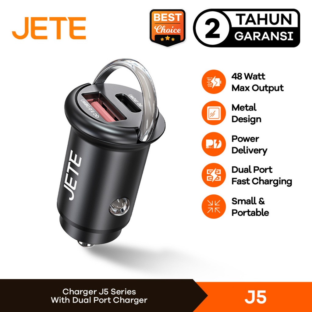 JETE Car Charger J5 Dual Port USB Type C Fast Charging 48W Adapter Colokan Mobil Charge HP
