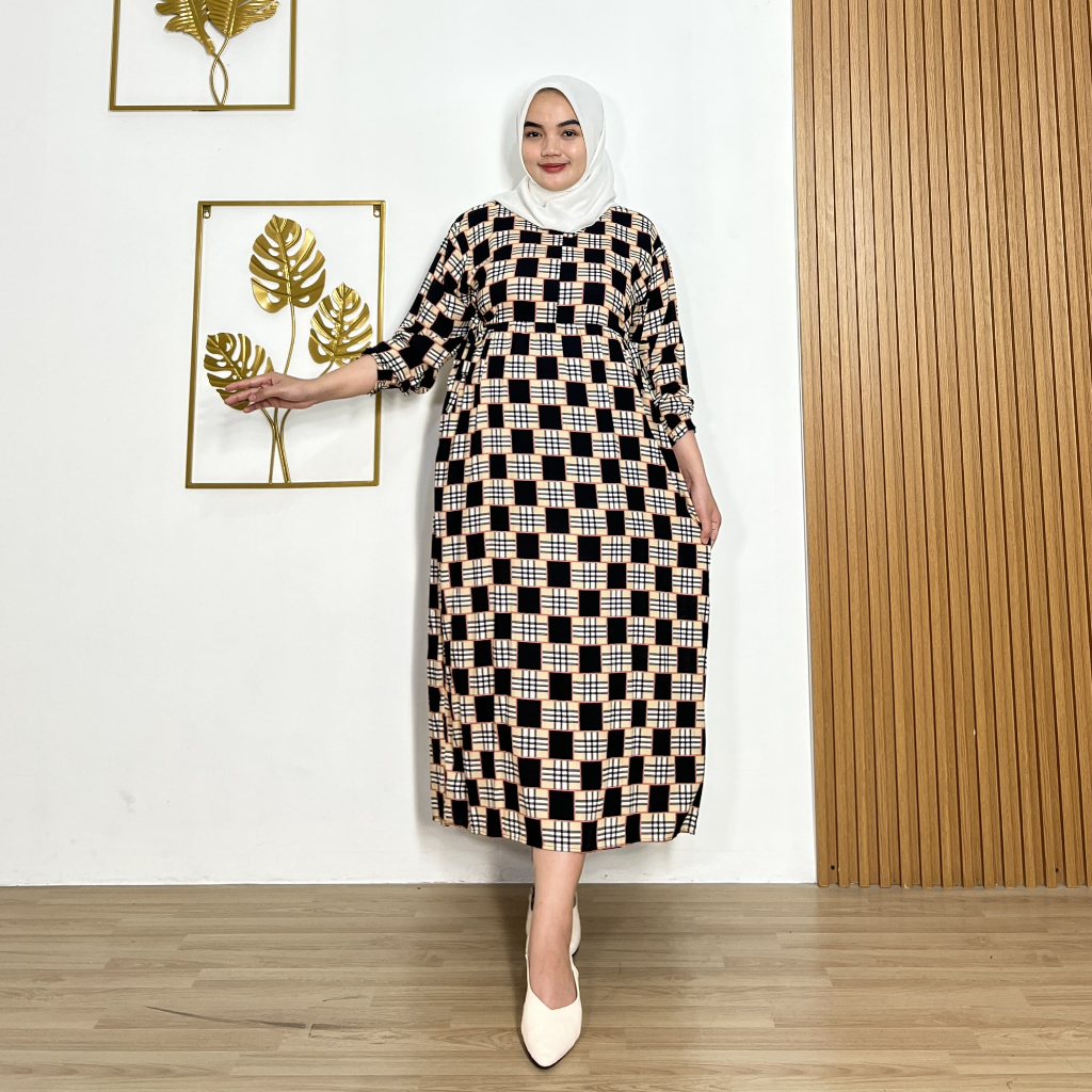 Midi Dress Rayon Mita Motif Muslim Pita Wanita Kekinian