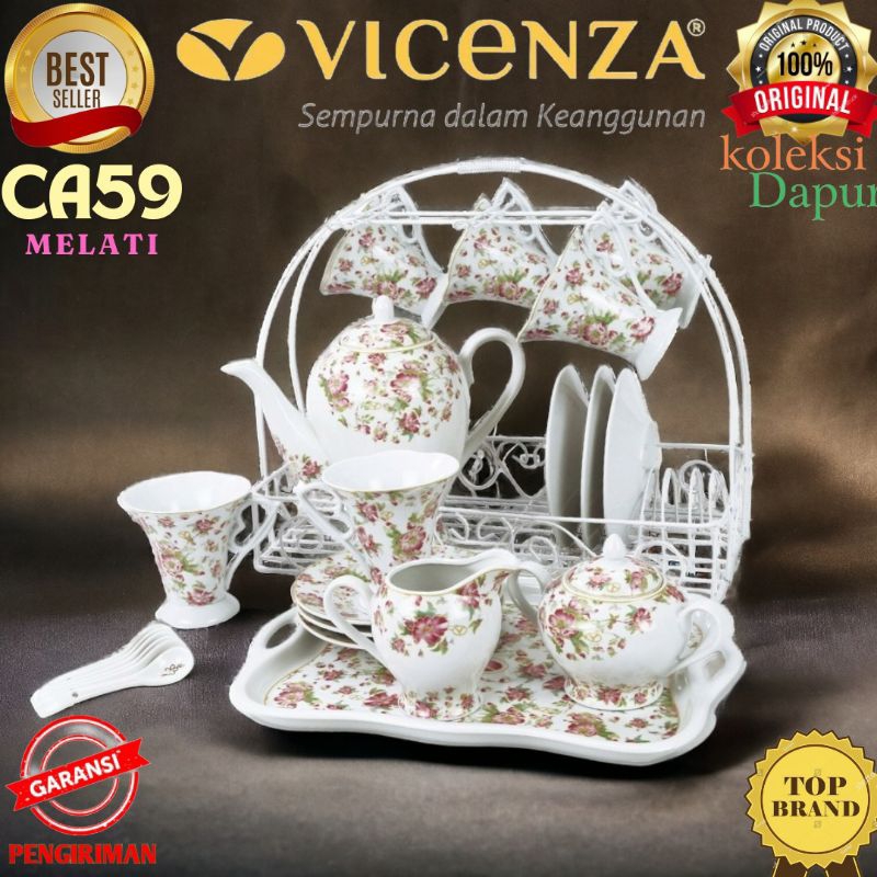 Peralatan minum teh dan kopi Vicenza Ca59 Tea set porselain dengan rak penyangga dari besi, 1 teko c