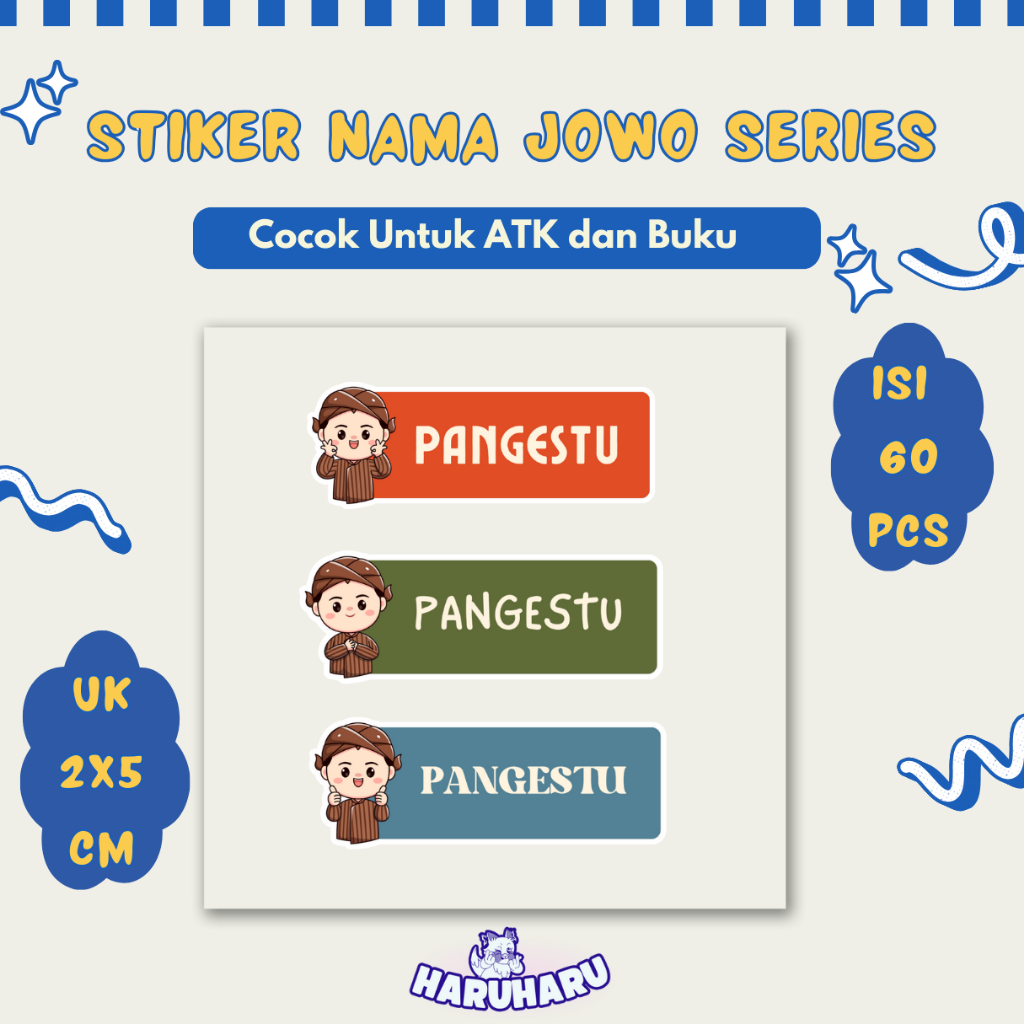 

Stiker Label Nama Lucu Karakter Mas Jowo Vinyl Waterproof Ukuran 2x5 CM