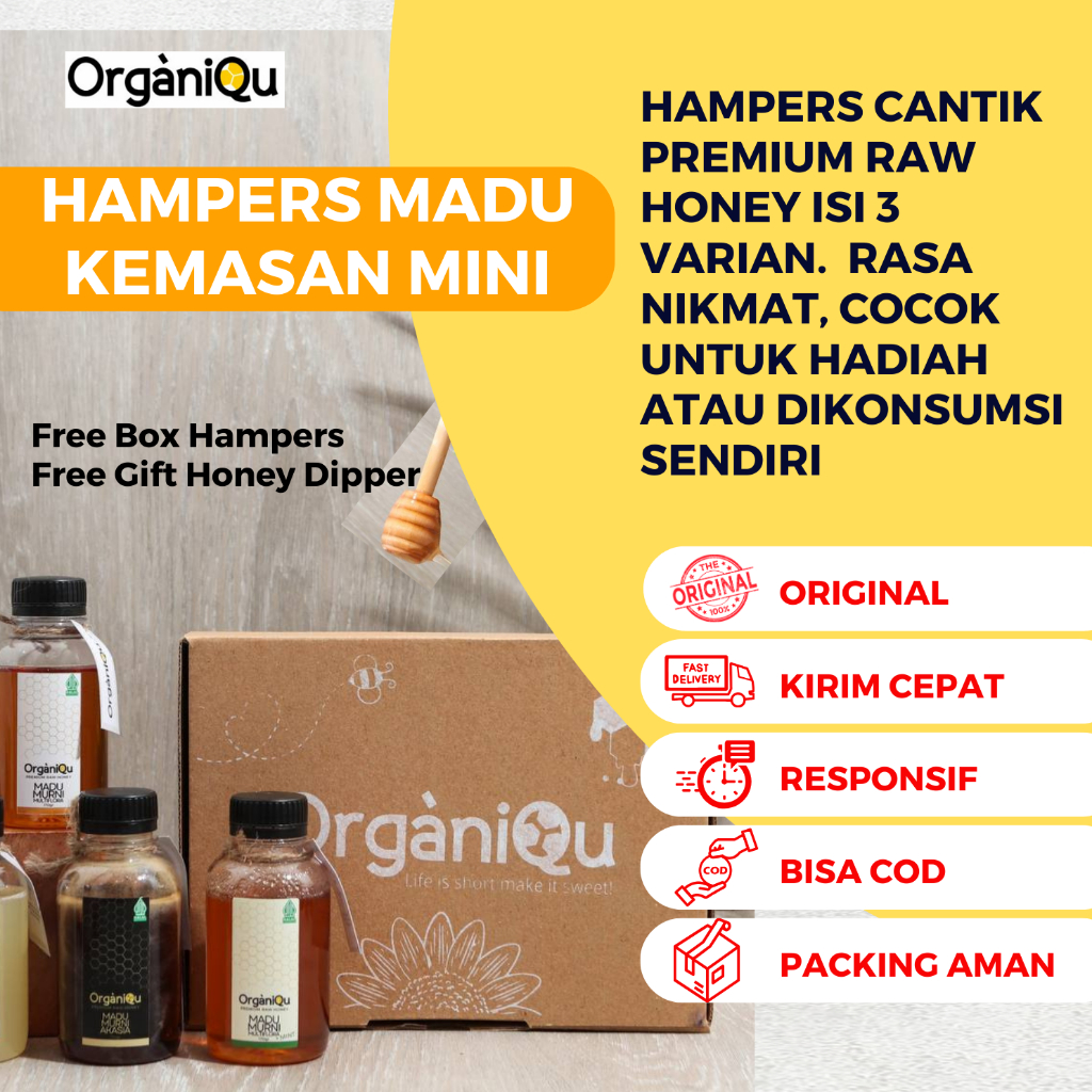 

ORGANIQU HAMPERS MADU MINI ISI 3 (MULTIFLORA PURE, MULTIFLORA MINT, DAN AKASIA) | HAMPERS ULANG TAHUN | KADO | HADIAH ORANG SAKIT | HAMPERS IBU HAMIL MELAHIRKAN LAHIRAN