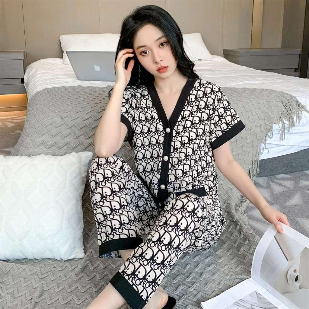 Piyamaindo PY1566 Piyama Motif Pita love Powysuit Bahan Satin Lengan Pendek Celana Panjang Baju Tidu