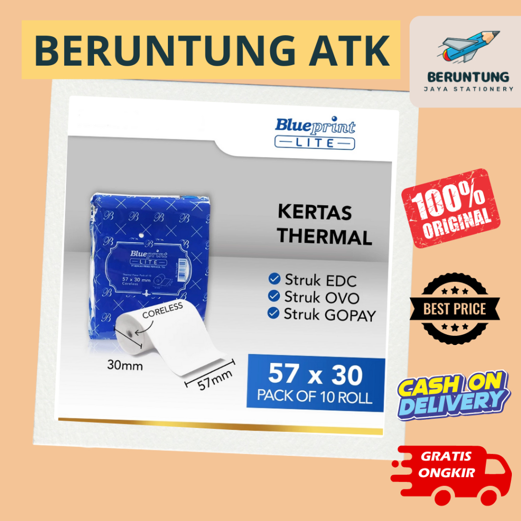 

Kertas Thermal BLUEPRINT Lite 57×30, Kertas Struk Kasir PPOB 57x30 mm-10Roll