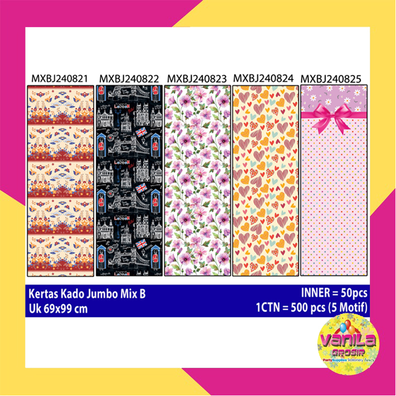 

Kertas Kado JUMBO MIX B, kertas kado ulang tahun, bingkisan ulang tahun, kertas kado motif mix