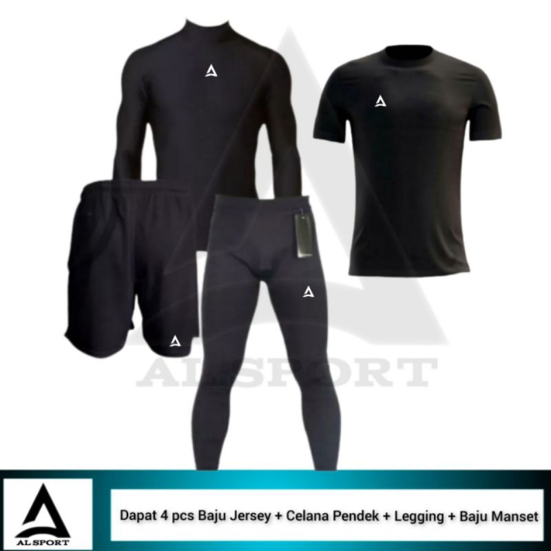 4 IN 1 Stelan Olahraga Pria Baju Jersey Celana Pendek Legging Baselayer Sport Futsal
